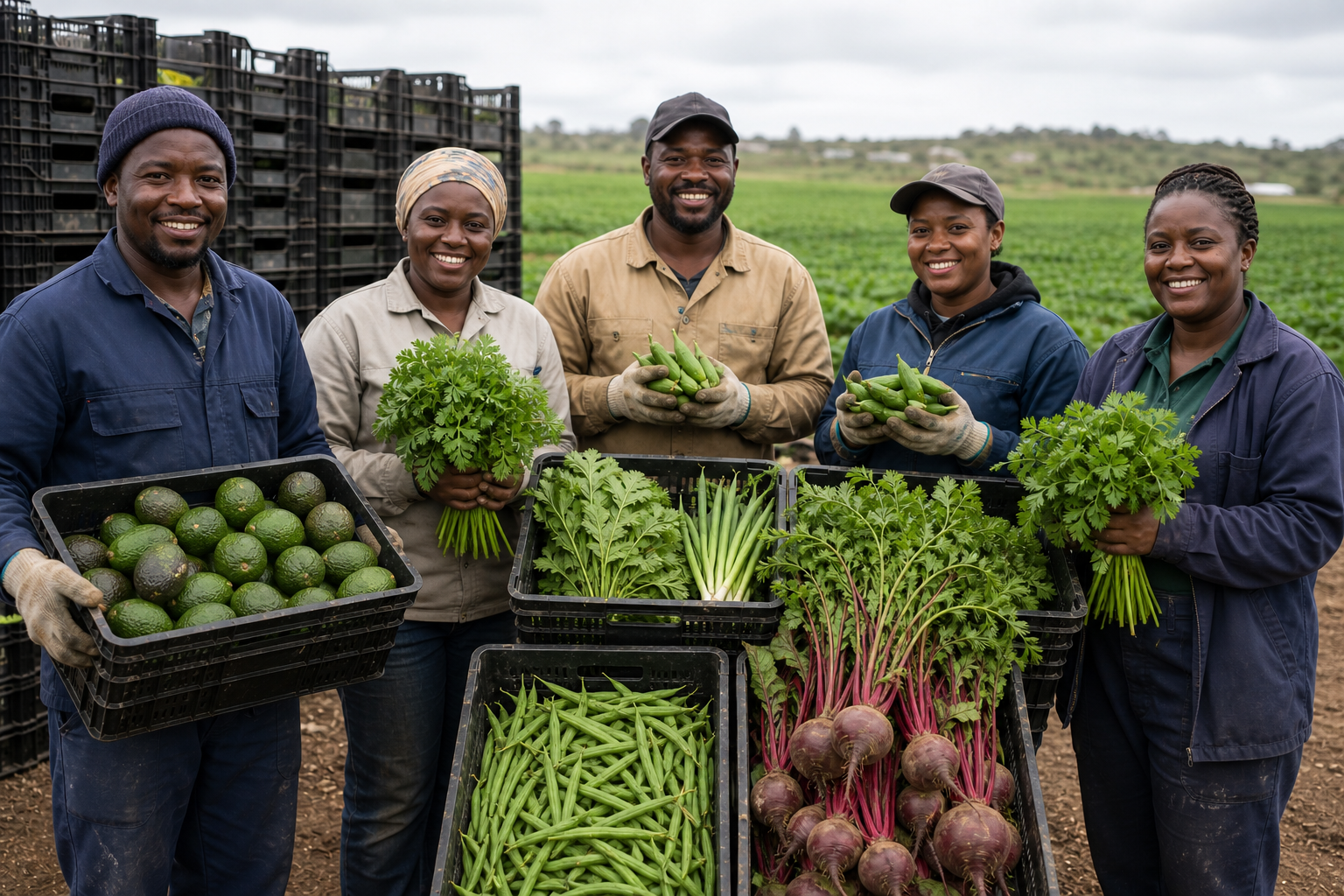 East African farmers and producers presenting freshly harvested avocados, herbs, and vegetables beside stacked crates