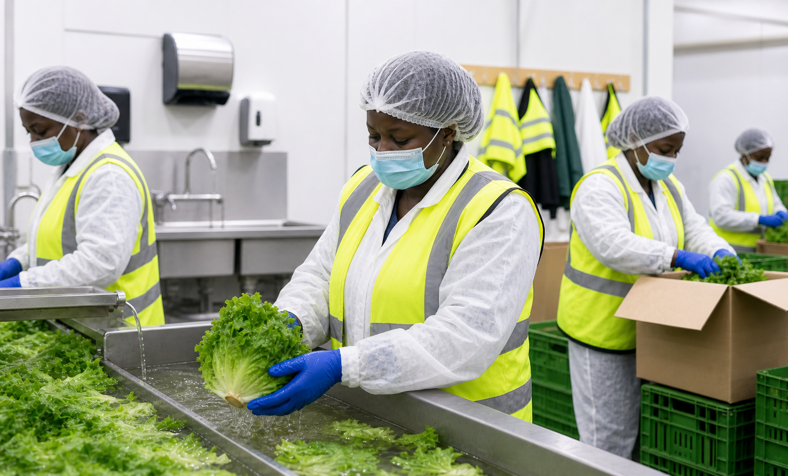 East African employees in protective gear following health and safety practices while washing and packing lettuce