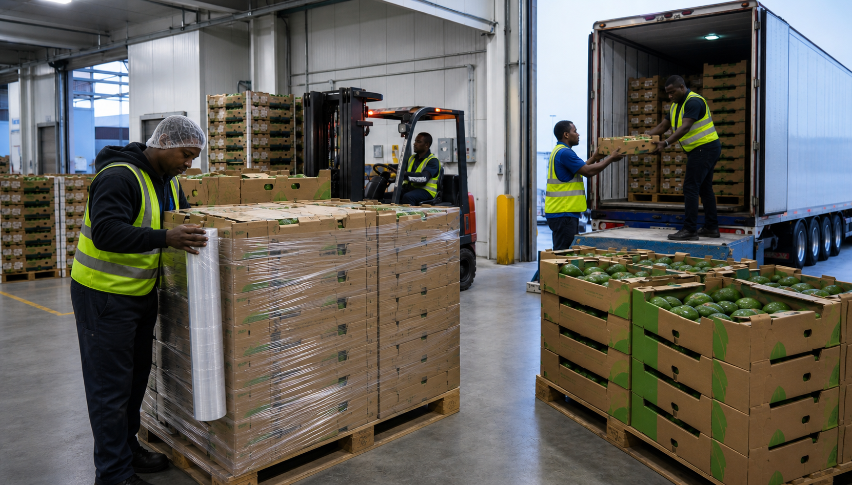 East African logistics crew wrapping pallets and loading stacked produce boxes into a truck for shipment