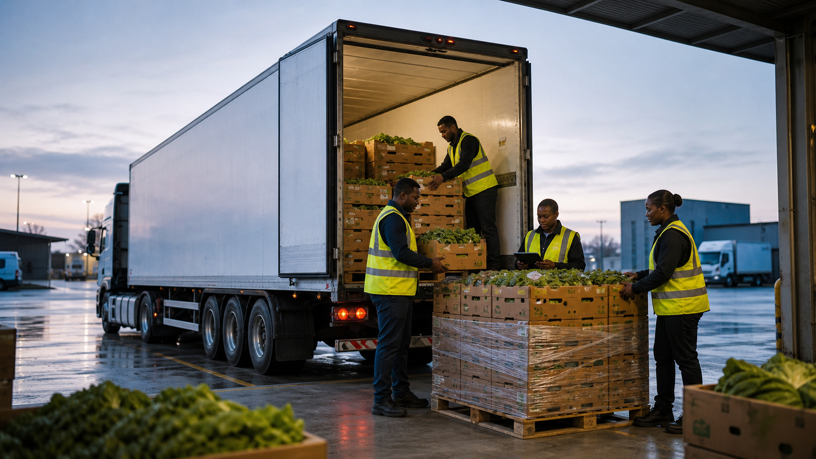 Refrigerated truck being unloaded as East African logistics staff receive fresh produce cartons at destination