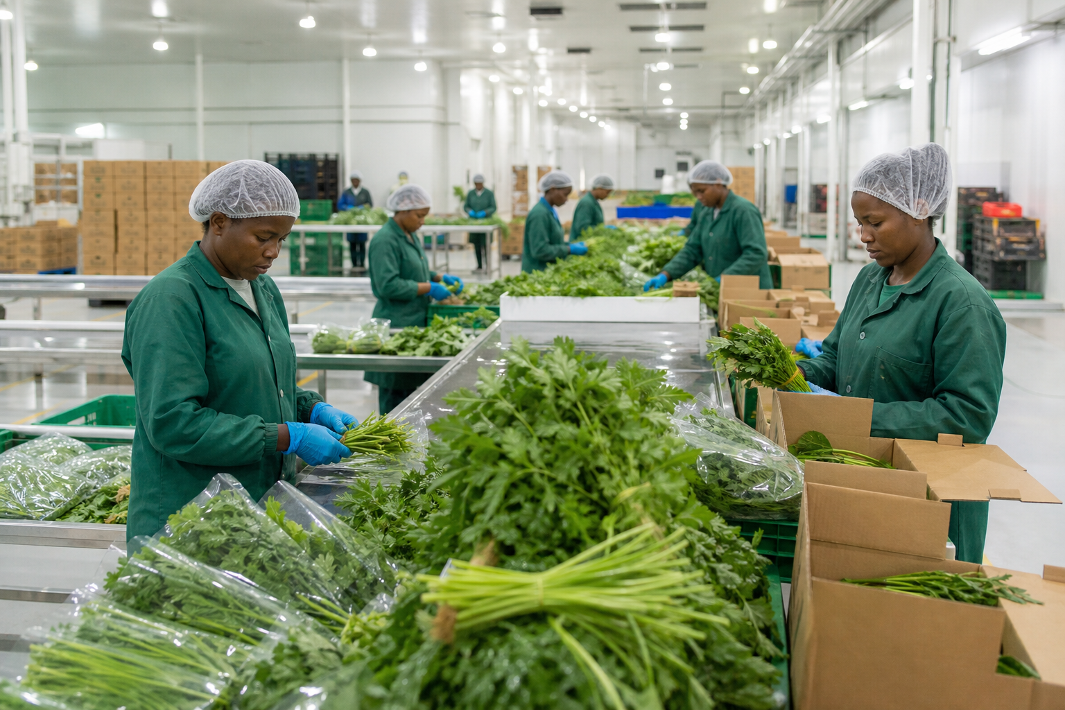 Produce packing facility team sorting herbs and vegetables on clean packing lines